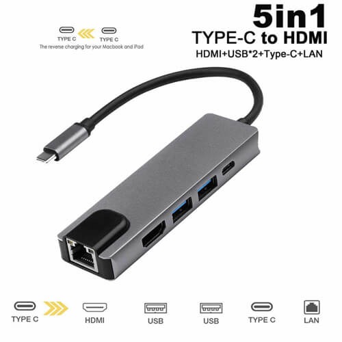 5-in-1 USB Type C Hub HDMI 4K USB C Hub to Rj45 Lan Adapter for Mac book Pro Thunderbolt 3 USB-C Charger
